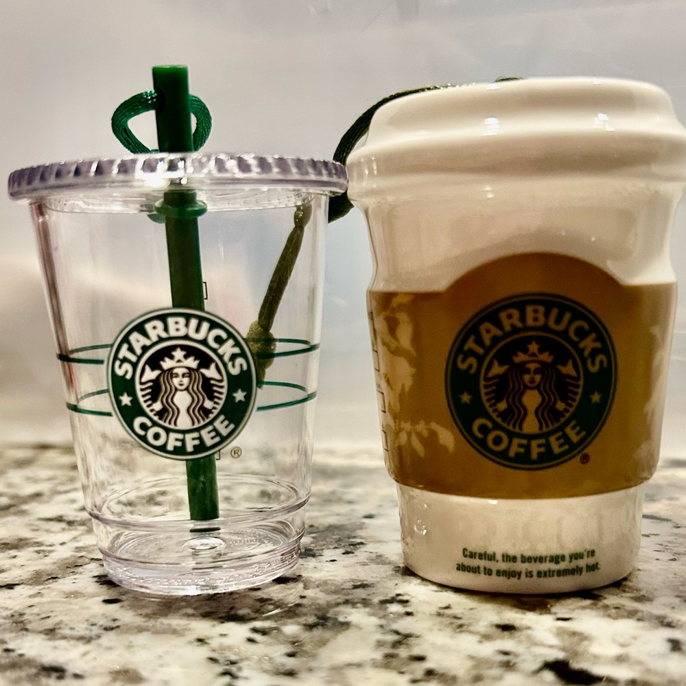 Starbucks Holiday Ornaments Green and White Mini Cup Set of Two.
